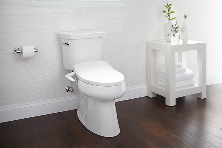 White bidet toilet seat on wooden floor with a plant on a table